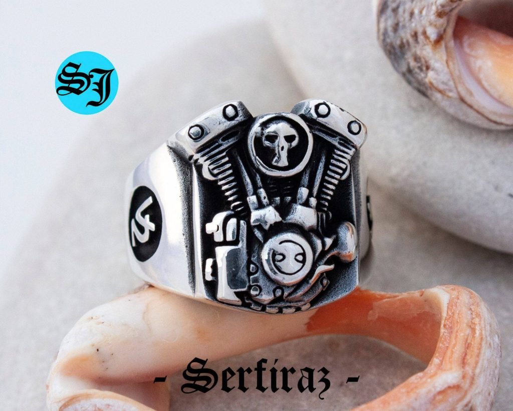 Amazing V2 Skull Motorcycle Engine Solid 925 Sterling Silver Men's Woman's Biker Ring, Harley Davidson Ring, Motorcycle Ring, Harley Davidson