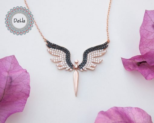 Black Zircon Angel Necklace, Angel Necklaces, Angel Jewelry, Angel Wing Necklace, Angel Jewelry, Angel Wing, Angel Gift, Everyday Necklace