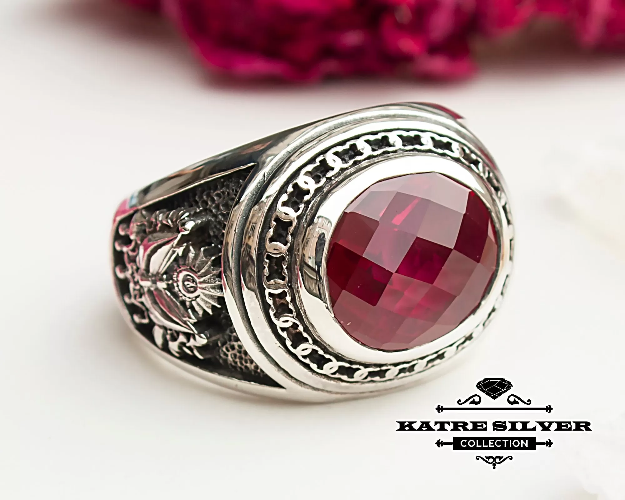 mens ruby statement ring 925 sterling silver red stone