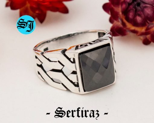 925 Sterling Silver Black Onyx Stone Square Men's Ring, Natural Gemstone Silver Men's Ring, Vintage Style Geometric Ring, Father's Day Gift
