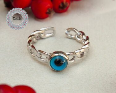 Elegant Evil Eye Ring – Dainty Blue Protection Ring Minimal Silver Adjustable Ring - Image 3