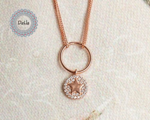 Round Star Necklace, Rose Gold Star, Cz Pendant Necklace, Star Necklace, Star Jewelry, Star Pendant, Necklace for Women, Necklace Gift