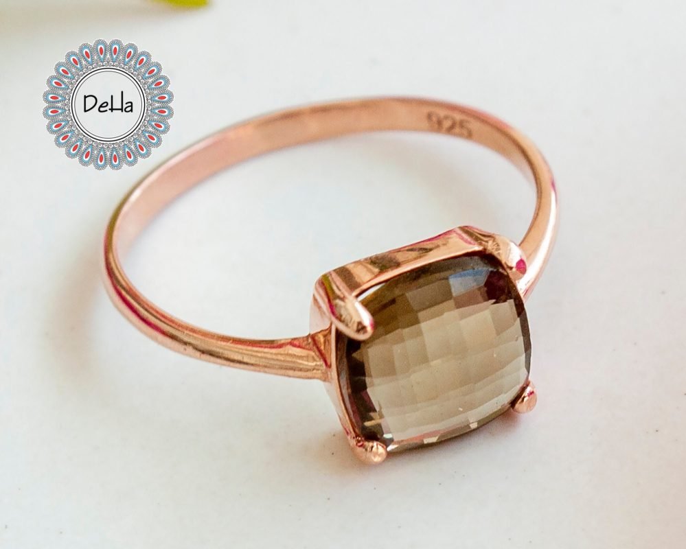 Smoky Quartz Ring Small - Stack Ring With Gemstone - Brown Gemstone Ring - Dainty Square Ring - June Birthstone - Smoky Topaz Ring - Topaz