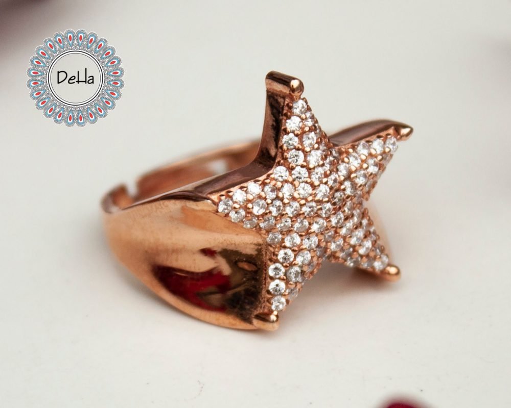 Rose Gold Plated Zircon Star Ring, Zircon Star Ring, Adjustable Star Ring, Dainty Star Ring, Star Band Ring, Cubic Zircon Ring, White Zircon