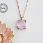 Tiny Rose Quartz Necklace in Rose Gold Plated, Small Gemstone Necklace, Pink Semi Precious Stone, Rose Gold Initial Necklace
