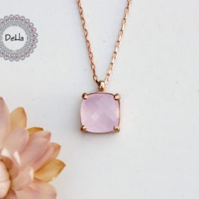 Tiny Rose Quartz Necklace in Rose Gold Plated, Small Gemstone Necklace, Pink Semi Precious Stone, Rose Gold Initial Necklace