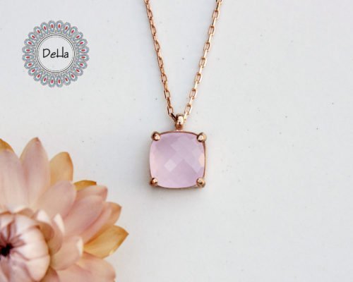 Tiny Rose Quartz Necklace in Rose Gold Plated, Small Gemstone Necklace, Pink Semi Precious Stone, Rose Gold Initial Necklace
