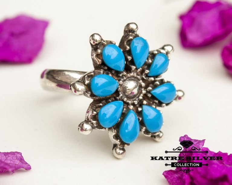 Blue Flower Turquoise Ring, Navajo Ring, Native American Ring, Southwestern Ring, Vintage Flower Ring,Silver Flower Ring,Blue Turquoise Ring