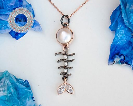 Unique Fish Bone Necklace, Fish Bone Jewelry, Silver Fish Necklace, Fish Necklace, Fish Pendant, Handmade Necklace, Pearl Jewelry, Fish Bone