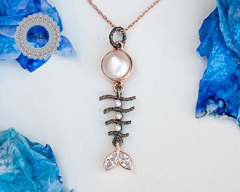 Unique Fish Bone Necklace, Fish Bone Jewelry, Silver Fish Necklace, Fish Necklace, Fish Pendant, Handmade Necklace, Pearl Jewelry, Fish Bone