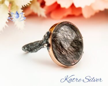 black rutilated quartz ring 925 sterling silver vintage gemstone