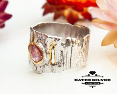 Pink Tourmaline Wedding Band, Tree Bark Ring, Pink Tourmaline Ring, Tourmaline Ring, Silver Band Ring, Unique Band, Statement Ring, Handmade - Image 5