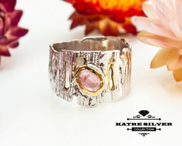 Pink Tourmaline Wedding Band, Tree Bark Ring, Pink Tourmaline Ring, Tourmaline Ring, Silver Band Ring, Unique Band, Statement Ring, Handmade - Image 4