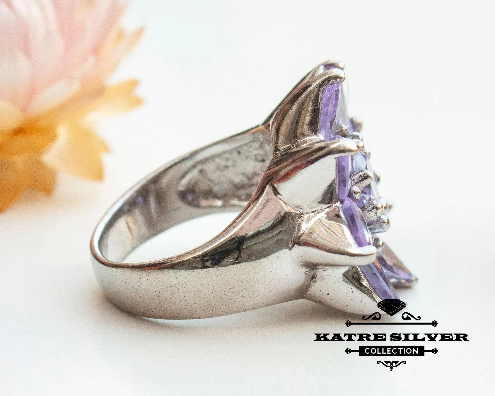 Purple Flower Ring, Purple Stone Ring, Floral Ring, Purple Ring, Flower Ring, Statement Ring, Amethyst Ring, Purple Flower, Vintage Ring - Image 6