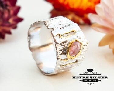 Pink Tourmaline Wedding Band, Tree Bark Ring, Pink Tourmaline Ring, Tourmaline Ring, Silver Band Ring, Unique Band, Statement Ring, Handmade - Image 3