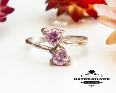 Dual Heart Ring, Pink Stone Heart Ring, Dainty Statement Ring, Romantic Jewelry, Gift Ring for Her - Image 3