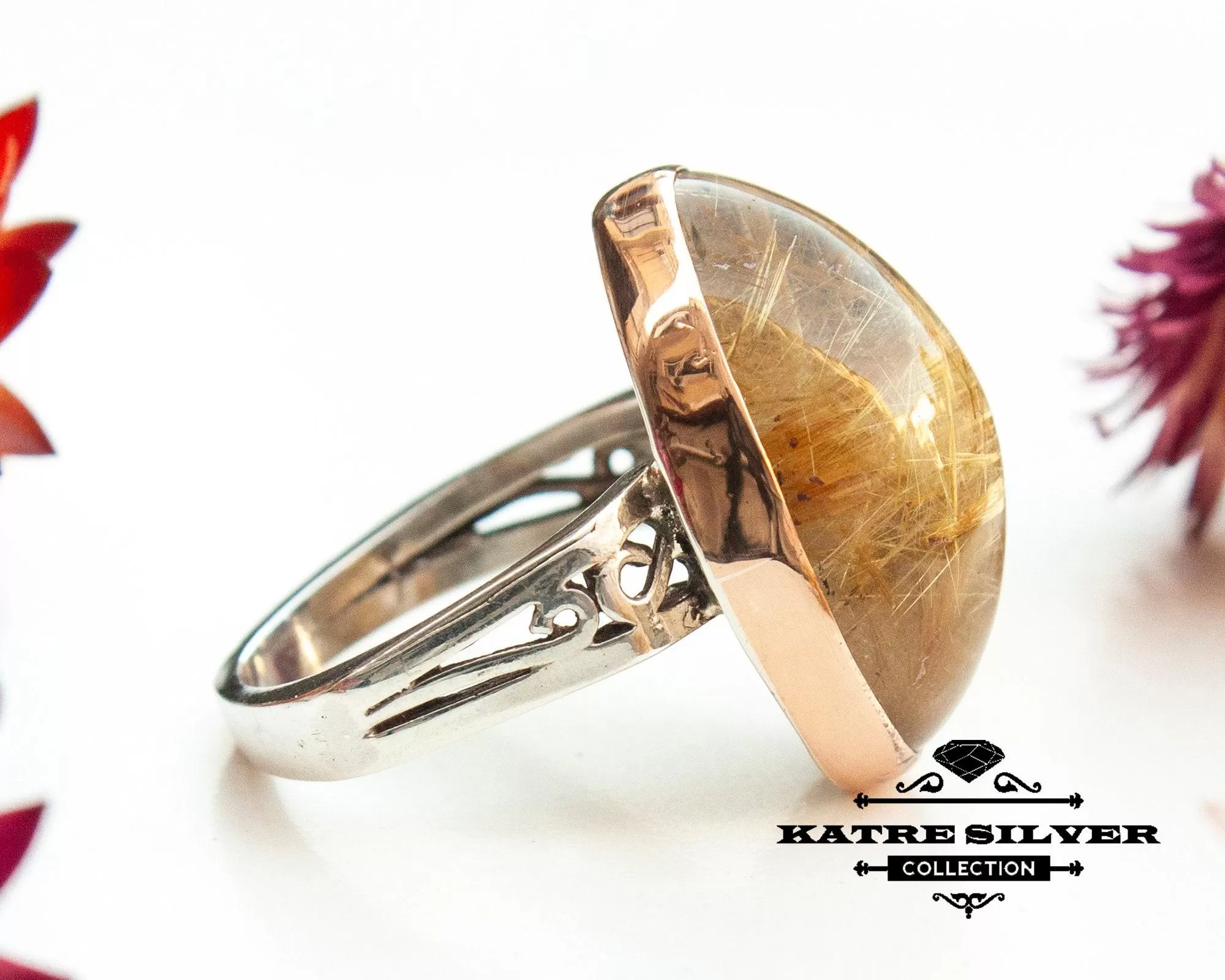 Golden Rutilated Quartz Ring, Statement Gemstone Ring, Handmade Silver Ring, Unique Quartz Ring, Luxury Jewelry for Women - Image 6