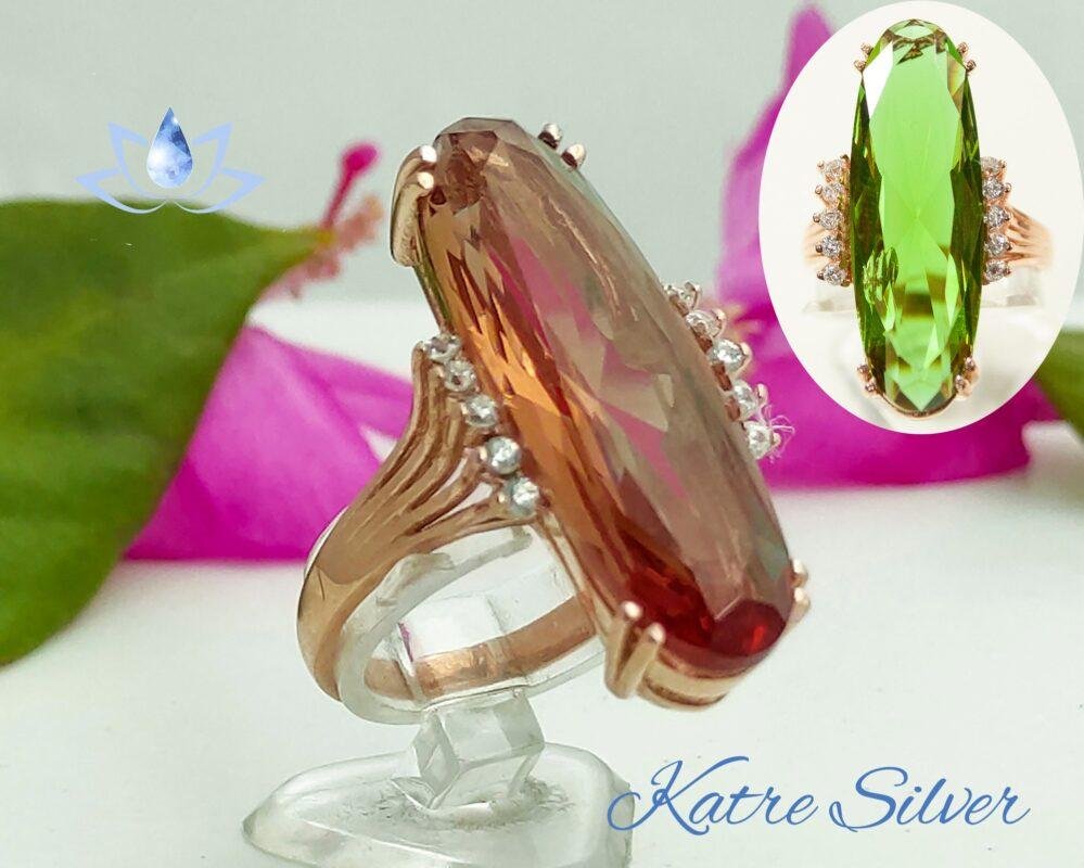 Rose Gold Long Sultanite Woman Ring, Diaspore Woman Ring, Handmade Silver Ring, Long Ring, Statement Ring, Sterling Silver