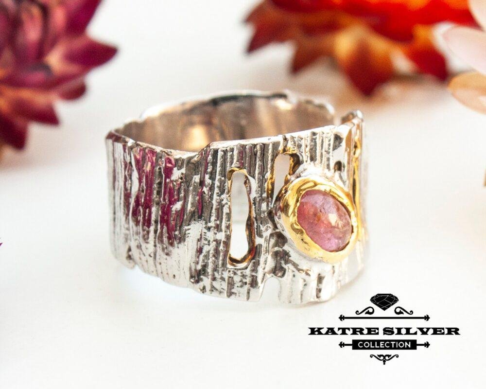 Pink Tourmaline Wedding Band, Tree Bark Ring, Pink Tourmaline Ring, Tourmaline Ring, Silver Band Ring, Unique Band, Statement Ring, Handmade