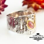 pink tourmaline ring tree bark wedding band