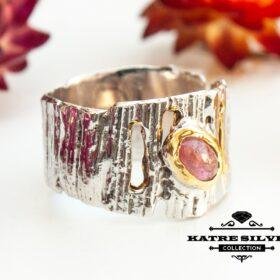 Pink Tourmaline Wedding Band, Tree Bark Ring, Pink Tourmaline Ring, Tourmaline Ring, Silver Band Ring, Unique Band, Statement Ring, Handmade