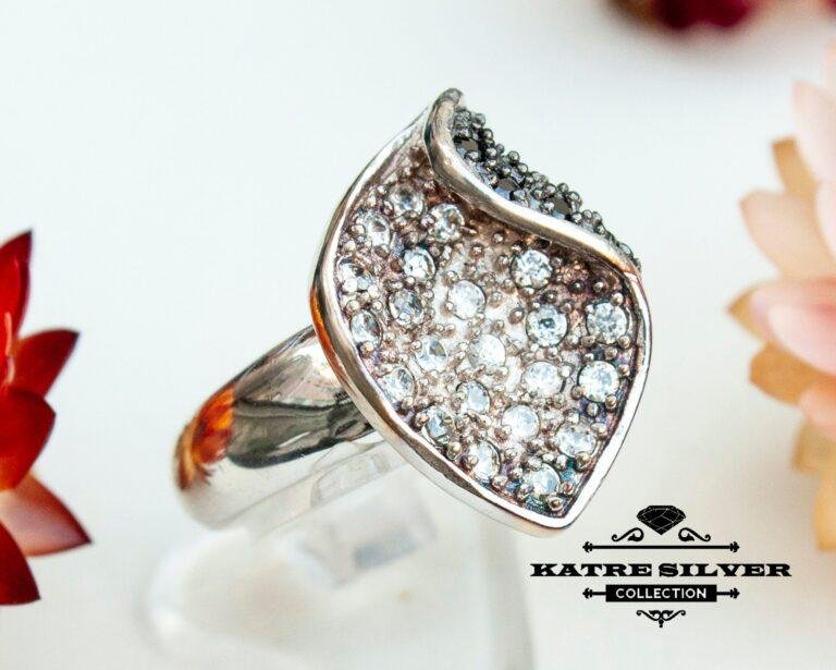 Silver Leaf Cz Ring, Onyx Ring, Leaf Ring, Cz Ring, Cubic Zirconia Ring, Anniversary Ring, Designer Ring, 925 Silver Ring, Women Ring