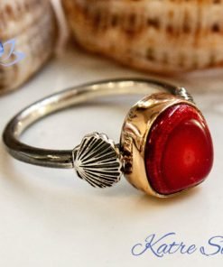 Pirate Oyster Shell Art Mediterranean Silversmith Red Coral Ring, Unique Vintage Ring, Coral Gifts, Red Ring