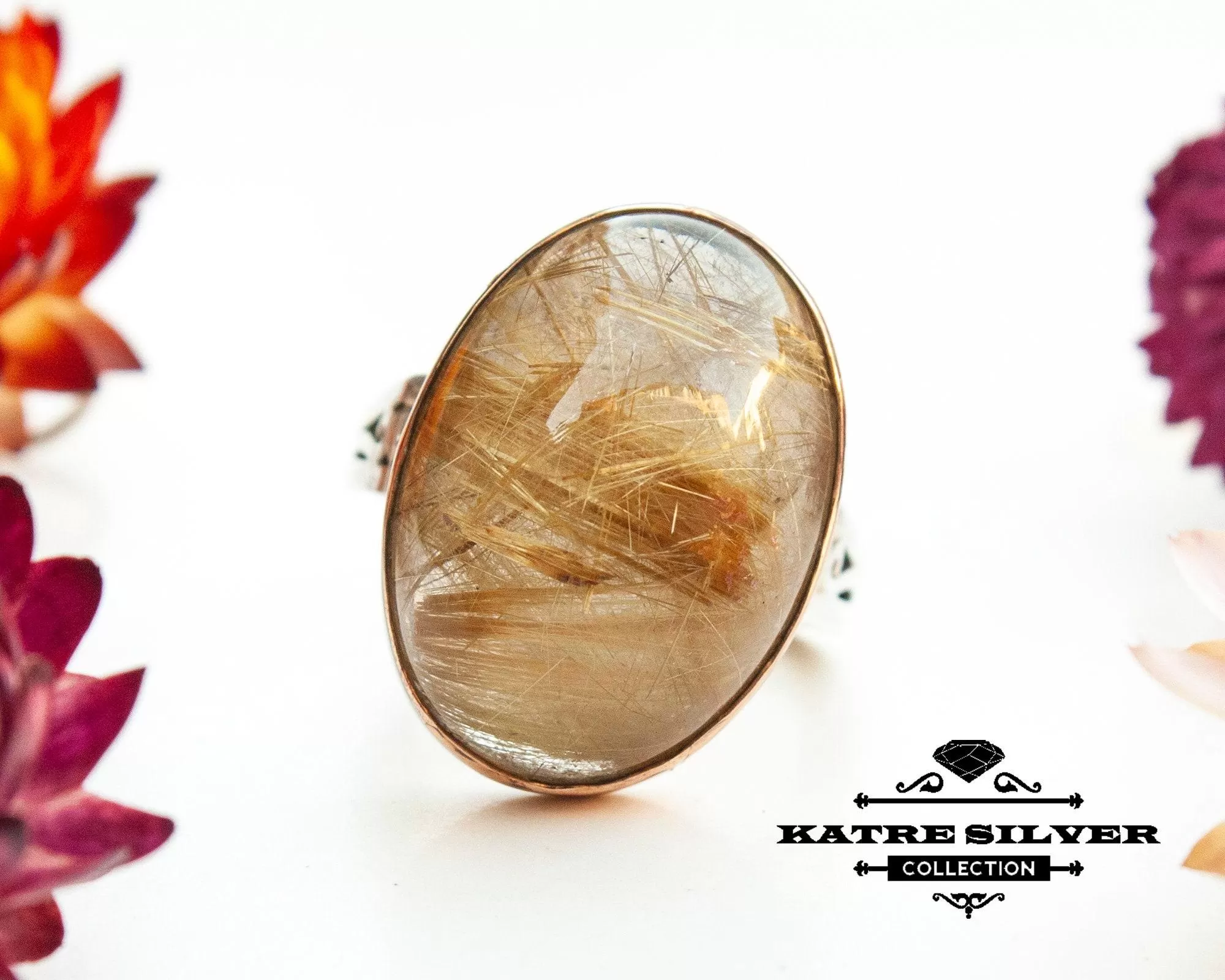 Golden Rutilated Quartz Ring, Statement Gemstone Ring, Handmade Silver Ring, Unique Quartz Ring, Luxury Jewelry for Women - Image 3