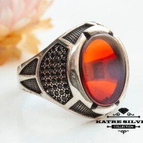Mens Handmade Ring, Turkish Handmade Silver Men Ring, Ottoman Mens Ring, Red Stone Men Ring, Gift for Him, 925k Sterling Silver Ring