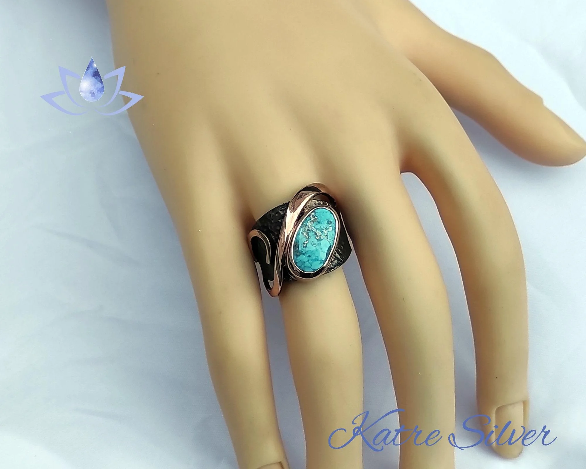 Green Turquoise Ring – Elegant Handmade Black Rhodium Rose Gold Silver Ring - Image 2