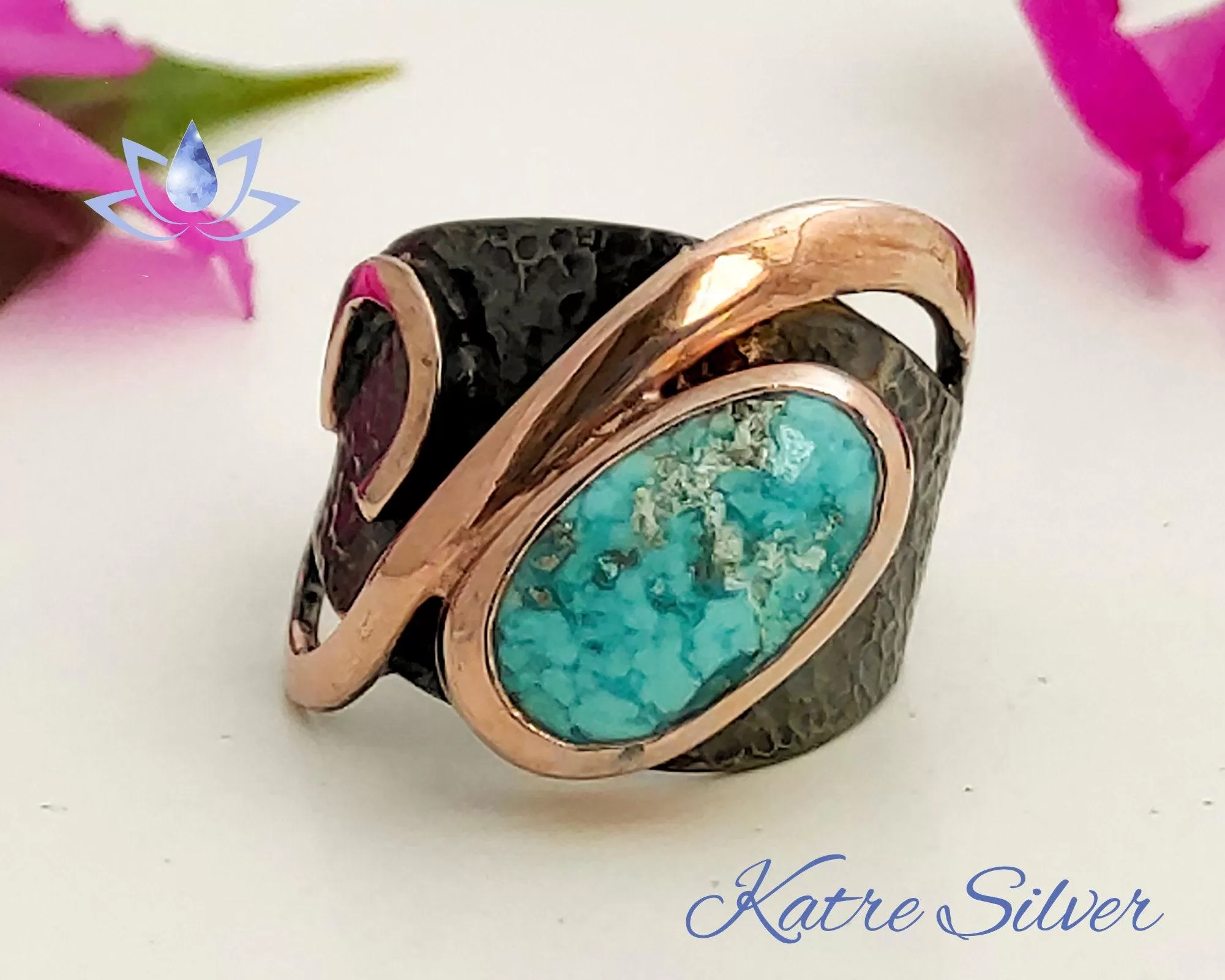 Green Turquoise Ring – Elegant Handmade Black Rhodium Rose Gold Silver Ring - Image 3