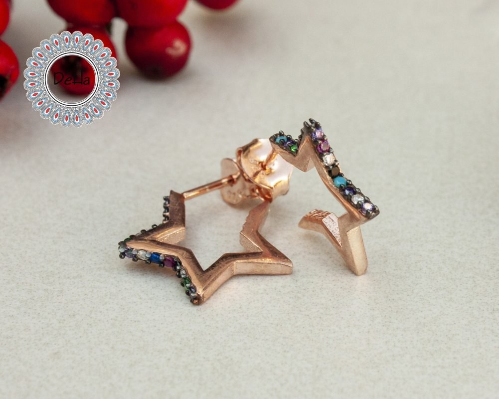 Mix Stone Small Star Earrings, Tiny Star Earrings, Multi Stone Earring, Star Stud Earrings, Star Earrings, Star Jewelry, Geometric Earring