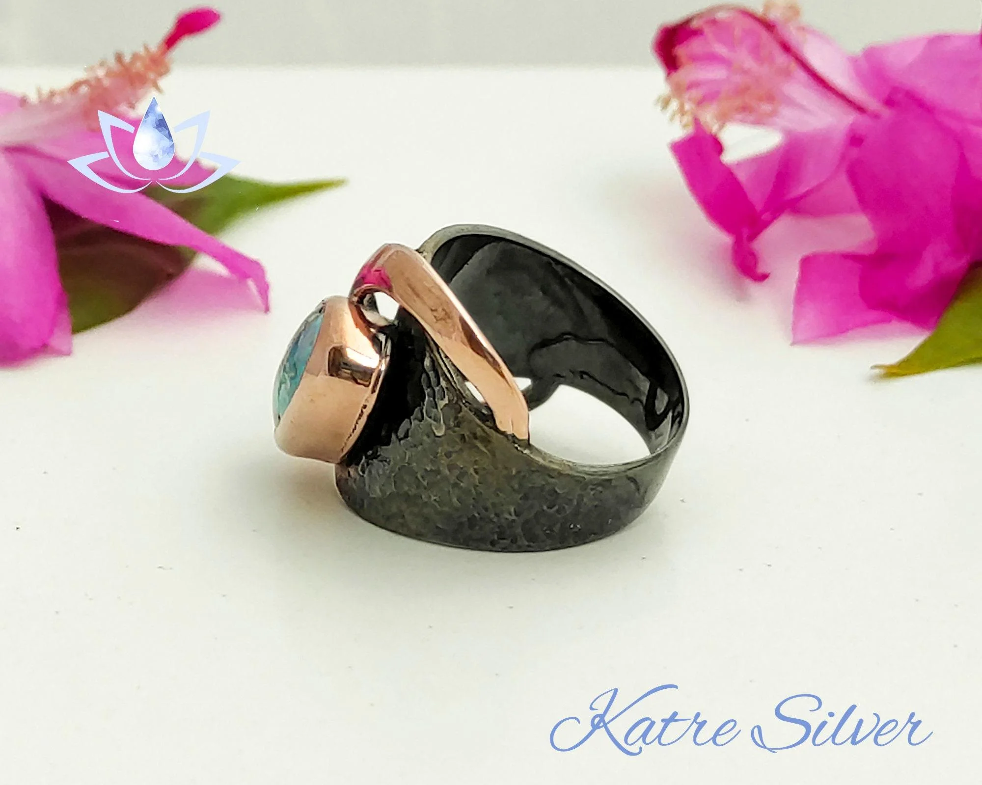 Green Turquoise Ring – Elegant Handmade Black Rhodium Rose Gold Silver Ring - Image 7