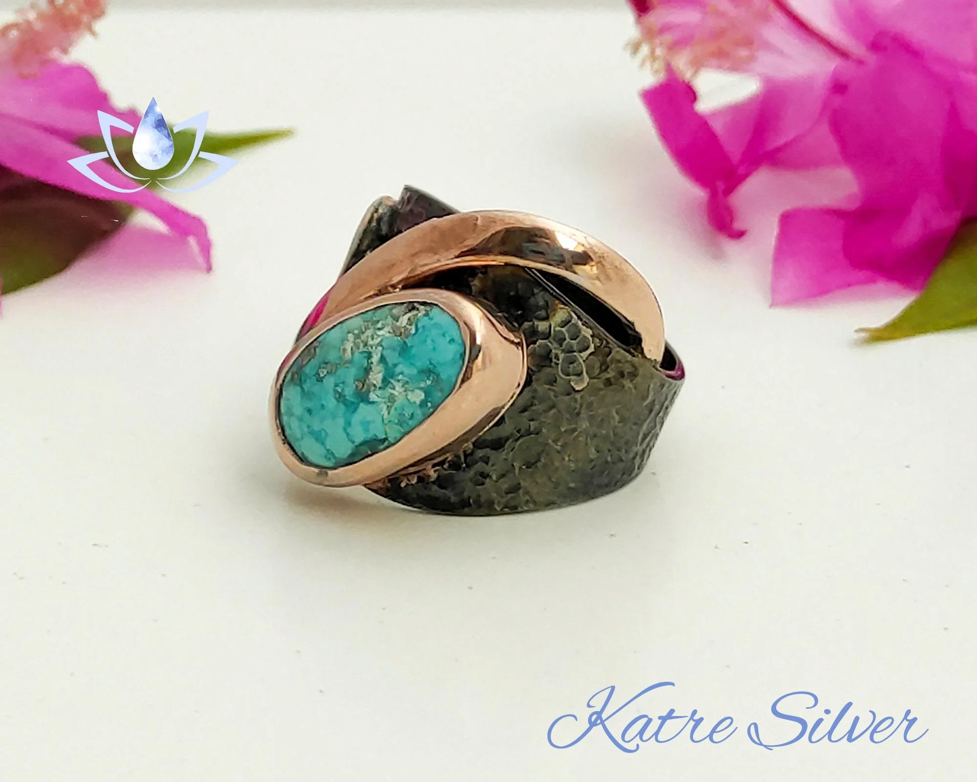 Green Turquoise Ring – Elegant Handmade Black Rhodium Rose Gold Silver Ring - Image 6