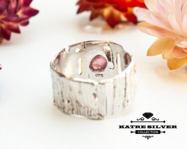 Pink Tourmaline Wedding Band, Tree Bark Ring, Pink Tourmaline Ring, Tourmaline Ring, Silver Band Ring, Unique Band, Statement Ring, Handmade - Image 8