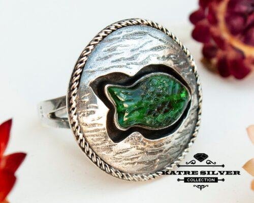 Green Fish Statement Ring, Silver Fish Ring, Fish Ring, Sea Ring, Animal Ring, Statement Ring, Green Ring, Handmade Ring, Green Stone Ring