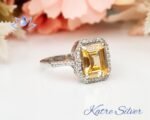 Halo Engagement Ring Yellow Citrine, Emerald Octagon Cut Citrine Ring, Sterling Silver Ring Natural Citrine Engagement Ring Gift for Her - Image 5