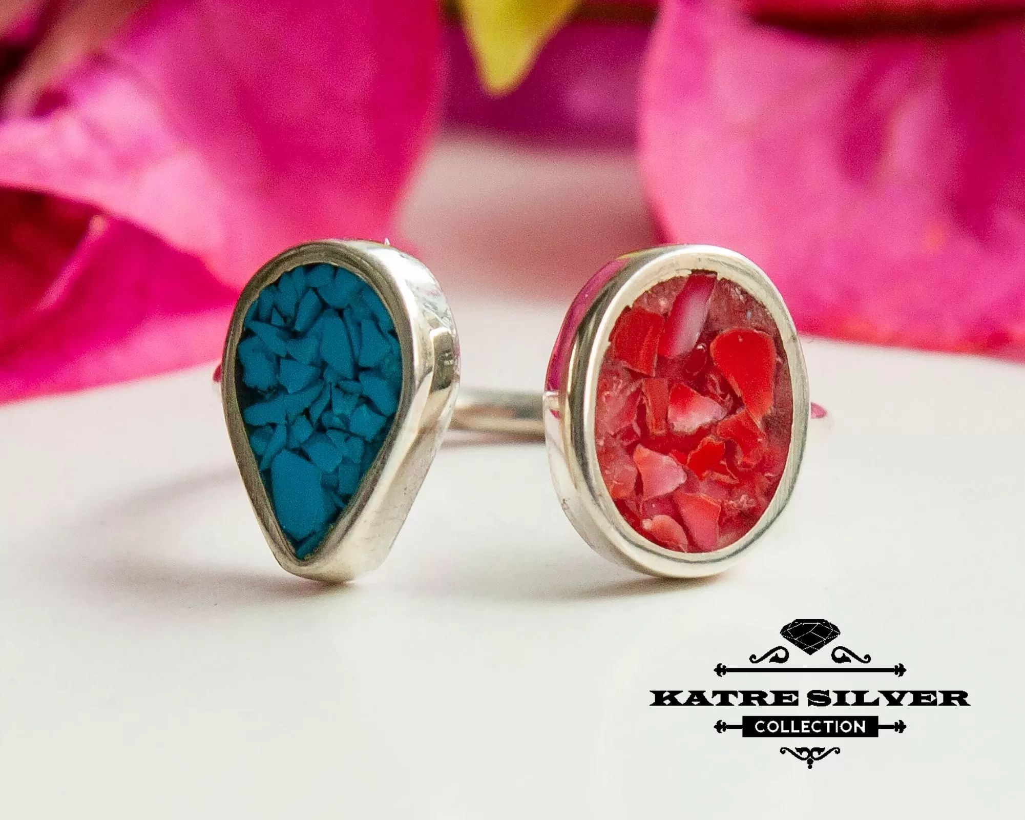 mosaic ring 925 sterling silver turquoise coral multi stone adjustable ring