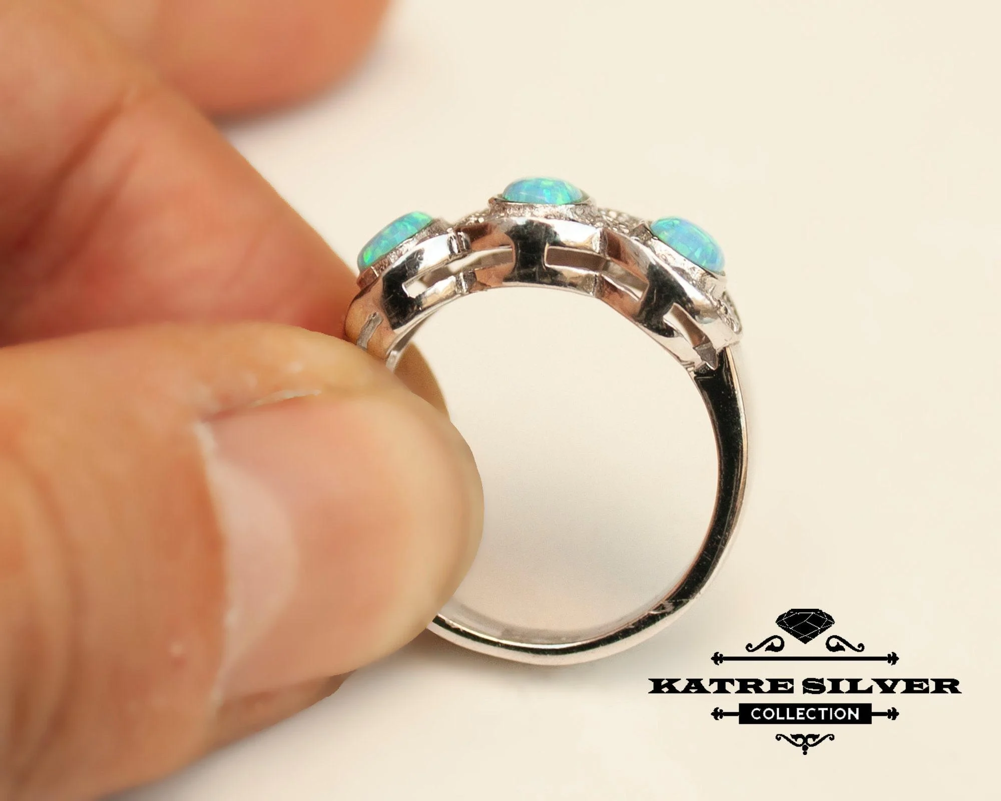 Stunning Blue Opal Three Stone Ring 925 Sterling Silver – Unique Handmade Opal Ring, Elegant Designer Statement Ring for Women - Image 8