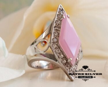 powder pink ring 925 sterling silver art deco statement long ring