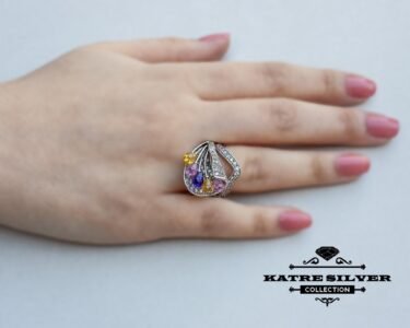 Stunning Tricolor Ring 925 Sterling Silver – Multi Stone Statement Ring, Unique Colorful Gemstone Ring for Her - Image 2
