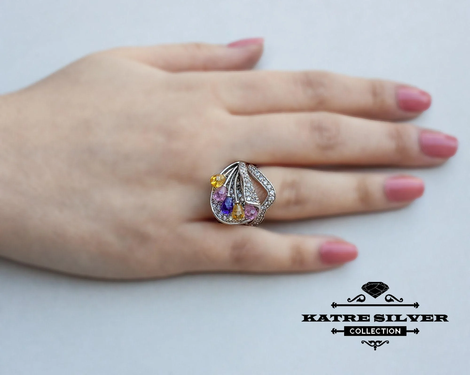 Stunning Tricolor Ring 925 Sterling Silver – Multi Stone Statement Ring, Unique Colorful Gemstone Ring for Her - Image 2