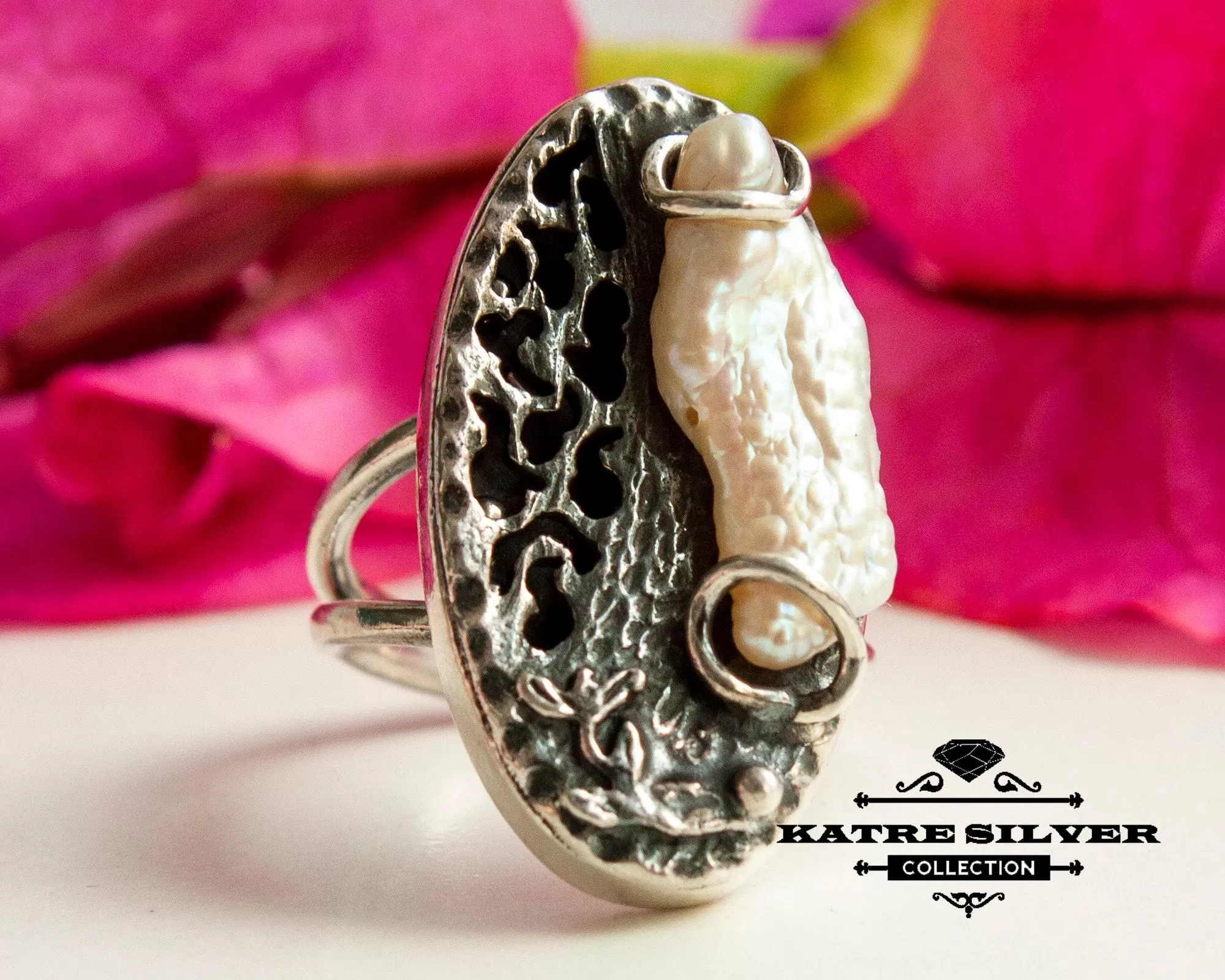 Unique Vintage Pearl Ring 925 Sterling Silver – Elegant Statement Pearl Ring, Handmade Silver Ring for Her - Image 3