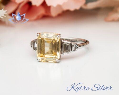 Yellow Emerald Octagon Cut Citrine Ring for Women, Citrine Ring in Sterling Silver, Citrine Engagement Ring, Promise Ring, Birthday Gift