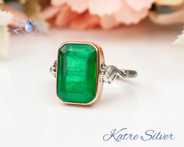 Pirate Seahorse Art Silversmith Emerald Faceted Cut Paraiba Tourmaline Ring - Paraiba Engagement Sterling Silver Ring Promise Green Emerald