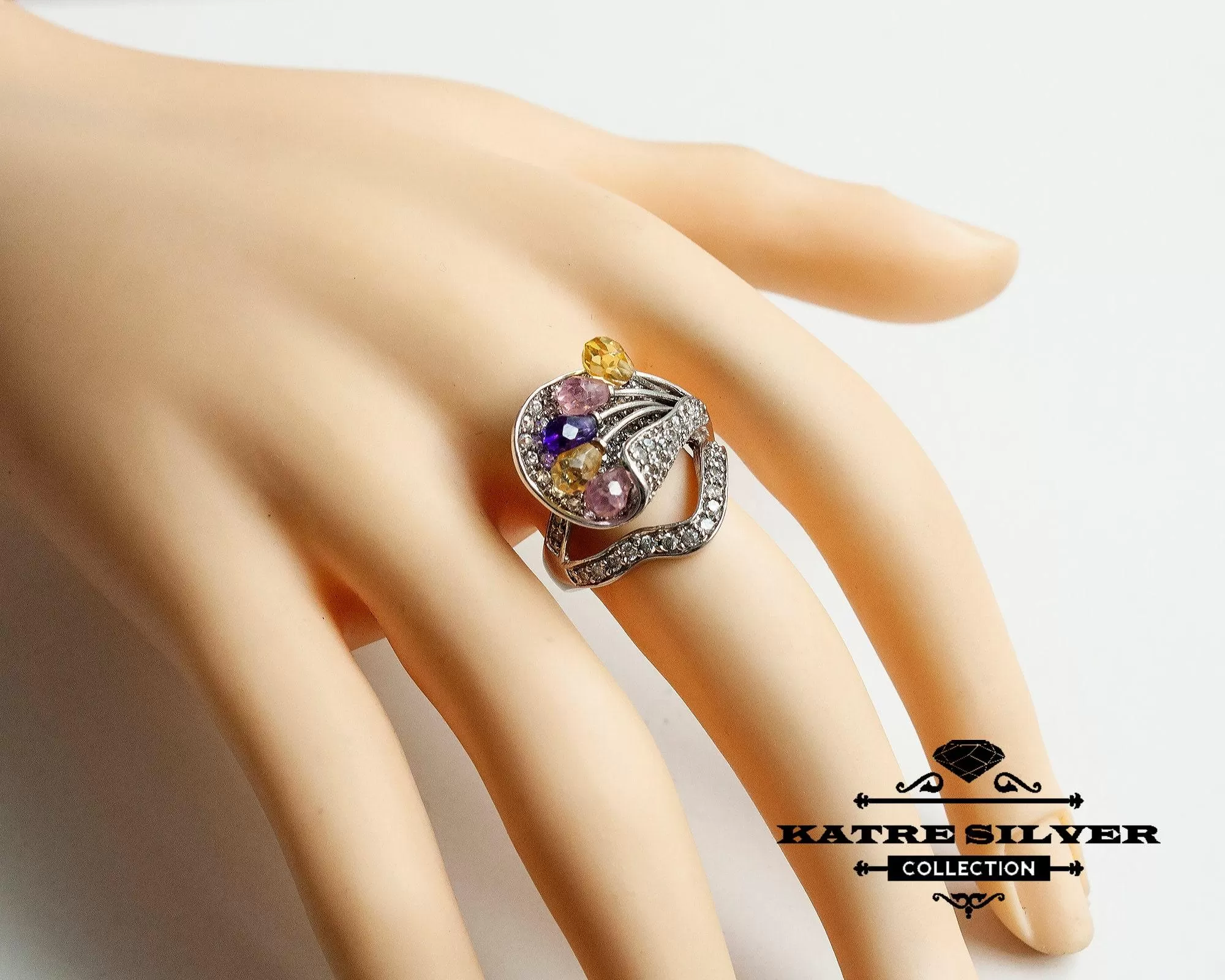 Stunning Tricolor Ring 925 Sterling Silver – Multi Stone Statement Ring, Unique Colorful Gemstone Ring for Her - Image 6