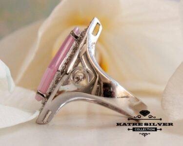 Stunning Powder Pink Ring 925 Sterling Silver – Art Deco Pink Statement Ring, Vintage Long Ring for Women - Image 8
