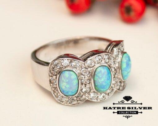 Unique Womens Blue Opal Ring, Handmade Ring, Designer Ring, Anniversary Ring, Women Ring, Beautiful Ring, Gift Ring, Three Stone Ring, Opal