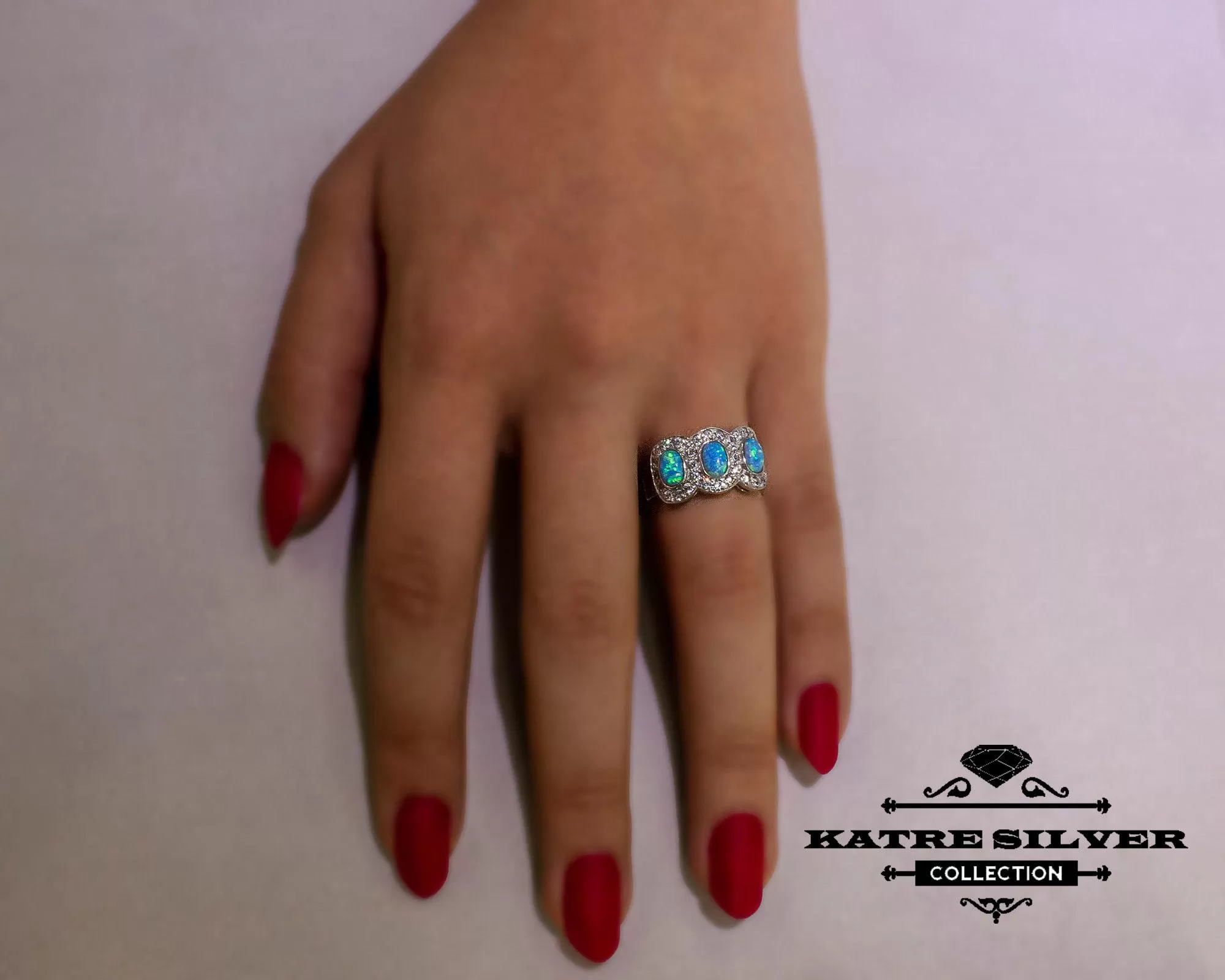 Stunning Blue Opal Three Stone Ring 925 Sterling Silver – Unique Handmade Opal Ring, Elegant Designer Statement Ring for Women - Image 2