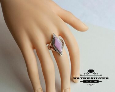 Stunning Powder Pink Ring 925 Sterling Silver – Art Deco Pink Statement Ring, Vintage Long Ring for Women - Image 6